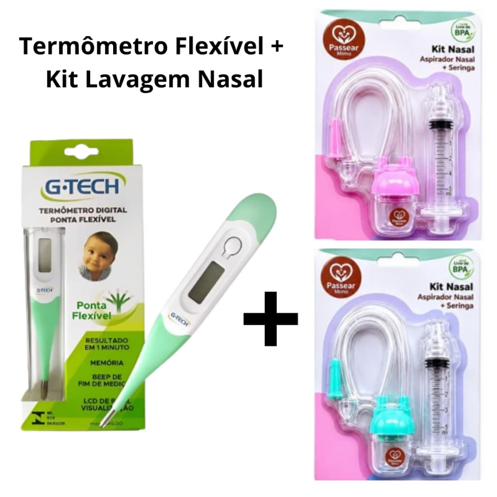 Kit Termômetro Flexível G-TECH + Kit Lavagem Nasal Sugador de Catarro Bebê Seringa e Aspirador Nasal