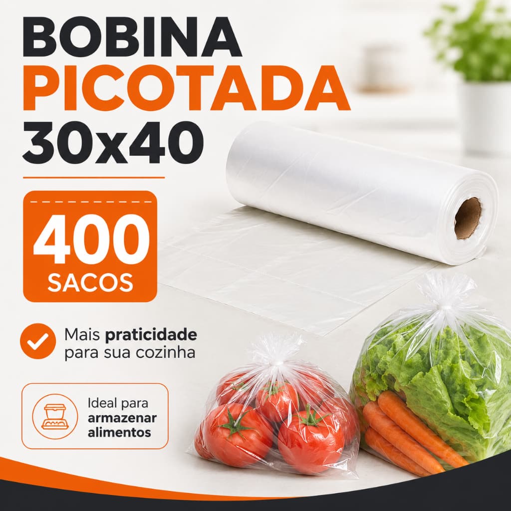 Bobina Picotada 30x40 400 Sacos Plásticos Transparentes para Alimentos Freezer Cozinha Armazenar e Embalar