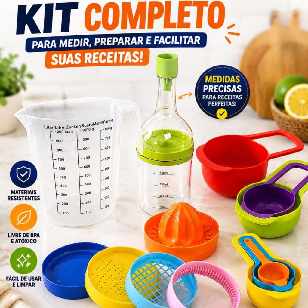 Kit Medidores para Cozinha Garrafa 8 em 1 Jarra Medidora Colheres Medidoras Utensílios Culinários
