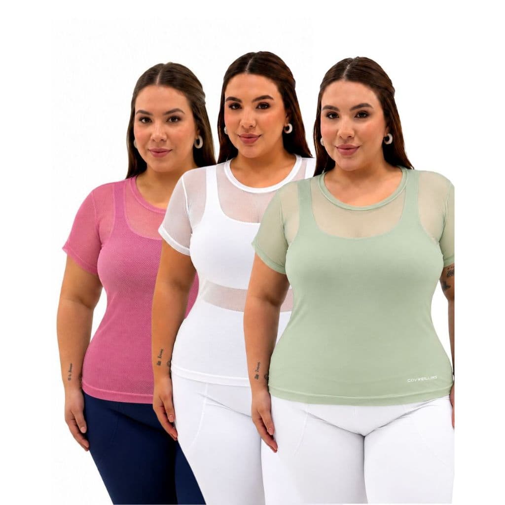 Kit 3 Camisas Blusas Femininas Tule Slim Plus Size Academia Treino Corrida Respirável Leve Confortável M G GG 36 a 50