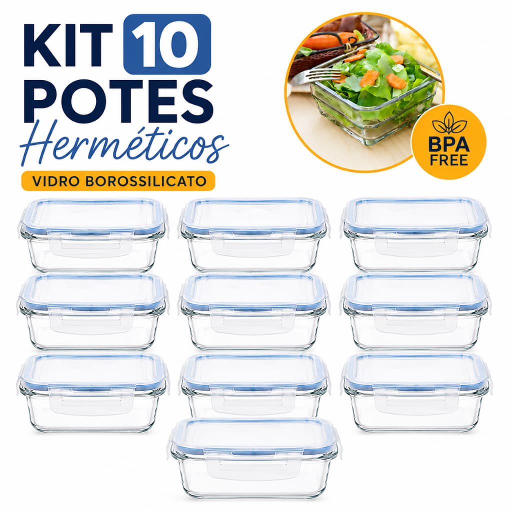 Kit 10 Potes de Vidro Hermético Retangular 640ml c/ 4 Travas Marmita