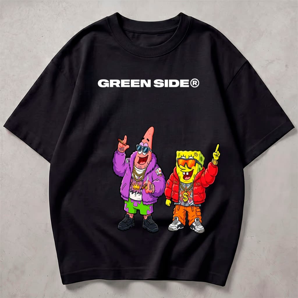 Camiseta Premium Green Side Streetwear Cartoon Bob Esponja Patrick Fashion Moda Coleção 2026