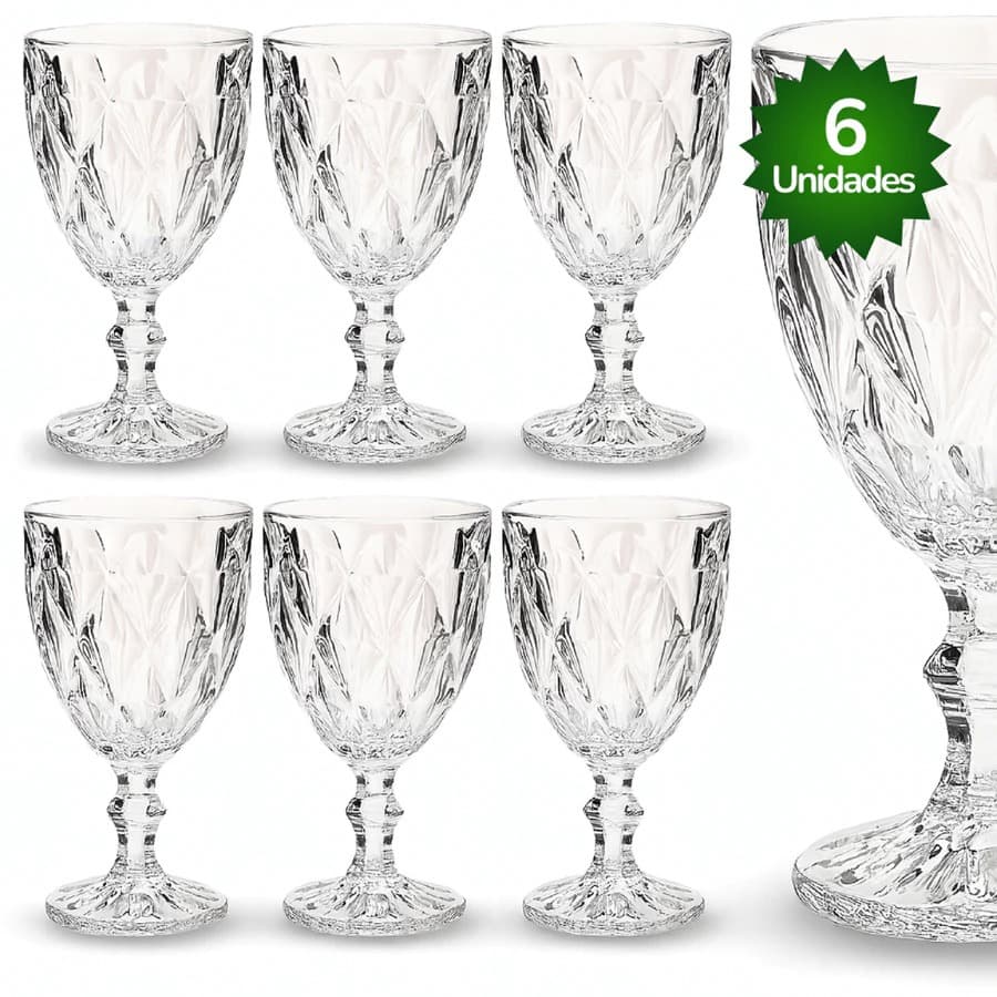 Jogo 6 Taça Diamante Copo Vidro Transparente Bico De Jaca 340ml - MENOR PREÇO