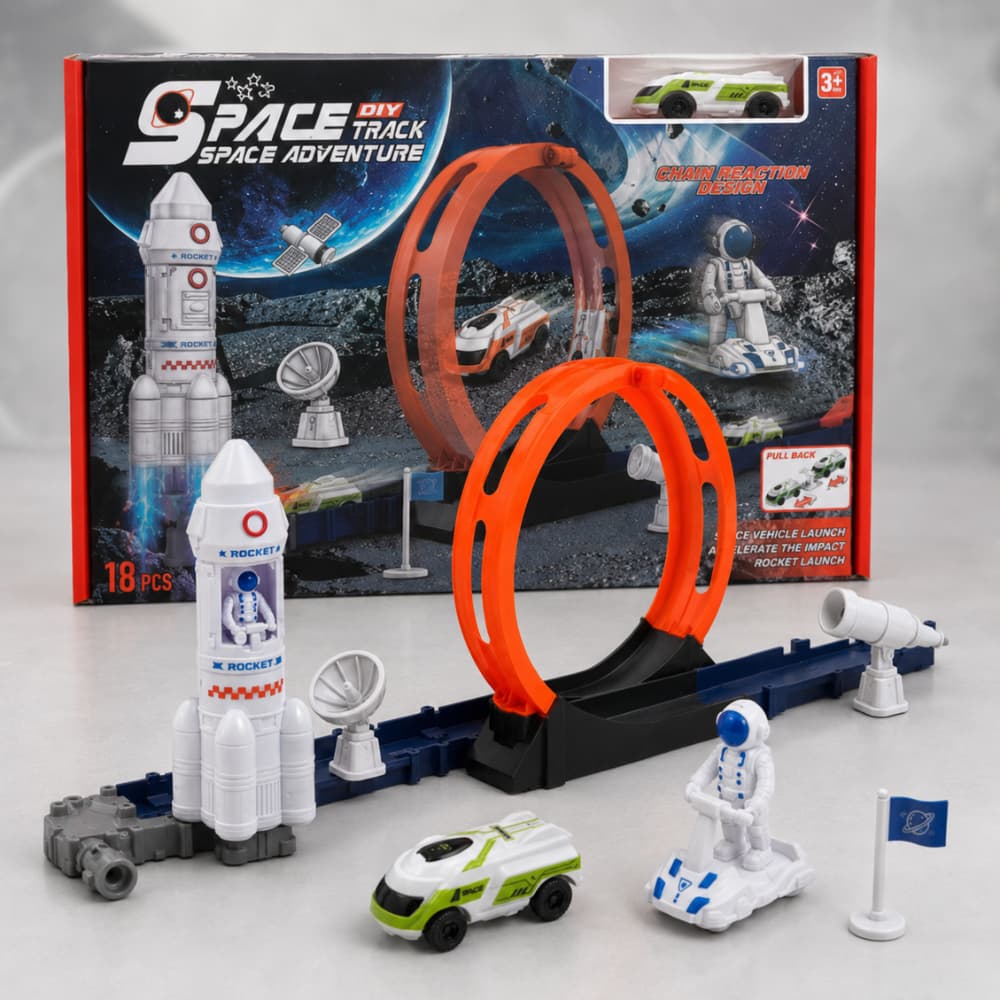 Pista de Carrinho Space Adventure com Foguete Lançador Loop 360° Carrinho Pull Back Astronauta 3+ Anos