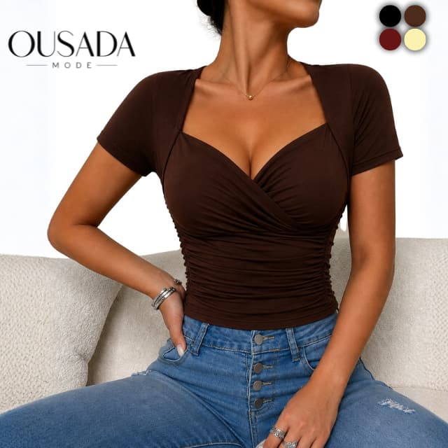 Baby Tee Feminina Manga Curta Blusinha Básica decote Diamante Drapeada lateral