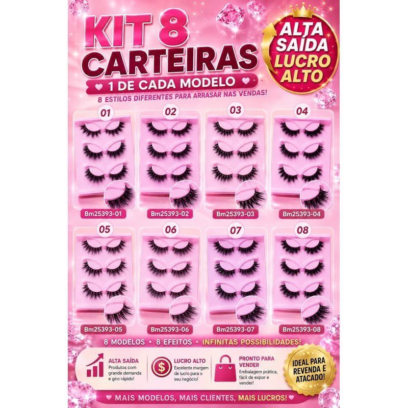 Kit 8 Cílios Postiços 24 Pares | 8 Modelos Sortidos | 3 Pares por Carteira | Mini Atacado Revenda