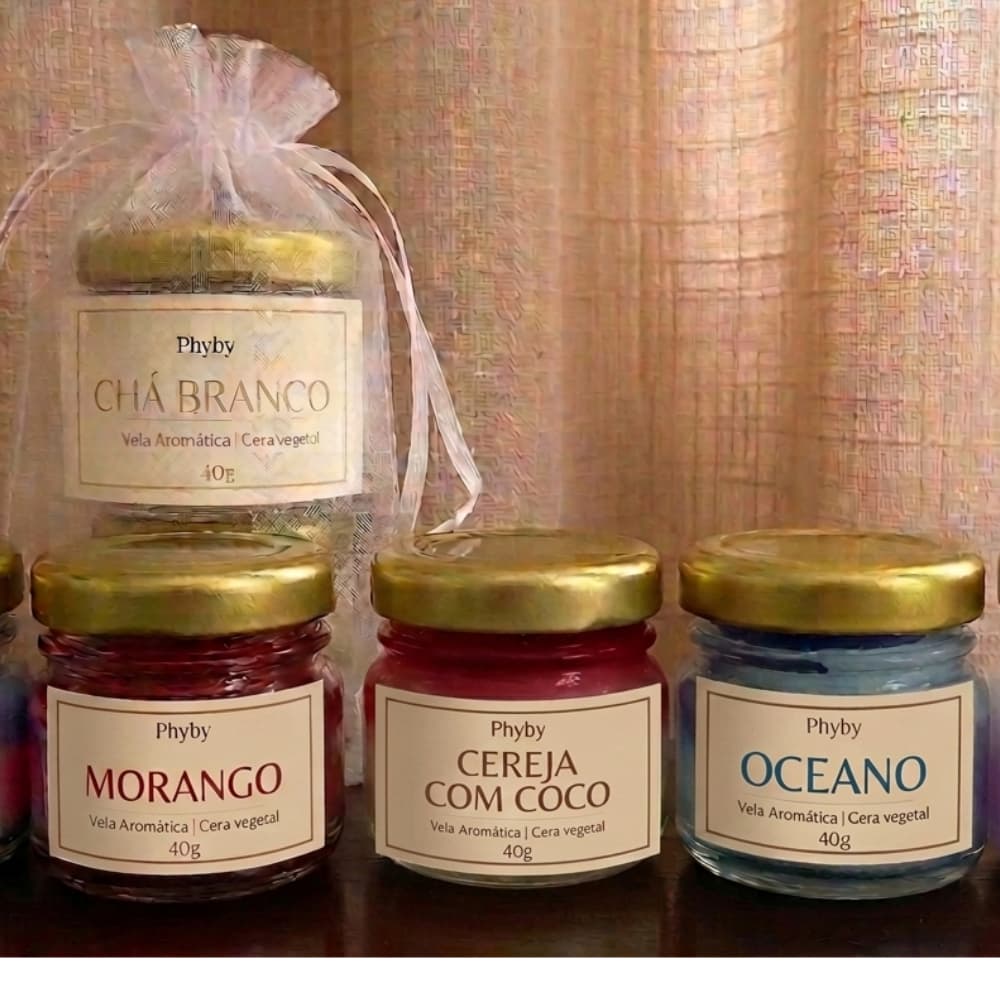 Kit Velas Aromáticas Perfumadas Cera de Coco 7 Unidades Pote 40g + Velas Flor
