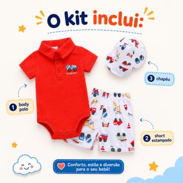 Conjunto Infantil Bebê Menino Verão, 3 Peças com Body, Shorts e Boné, Tema Engenharia e Construção
