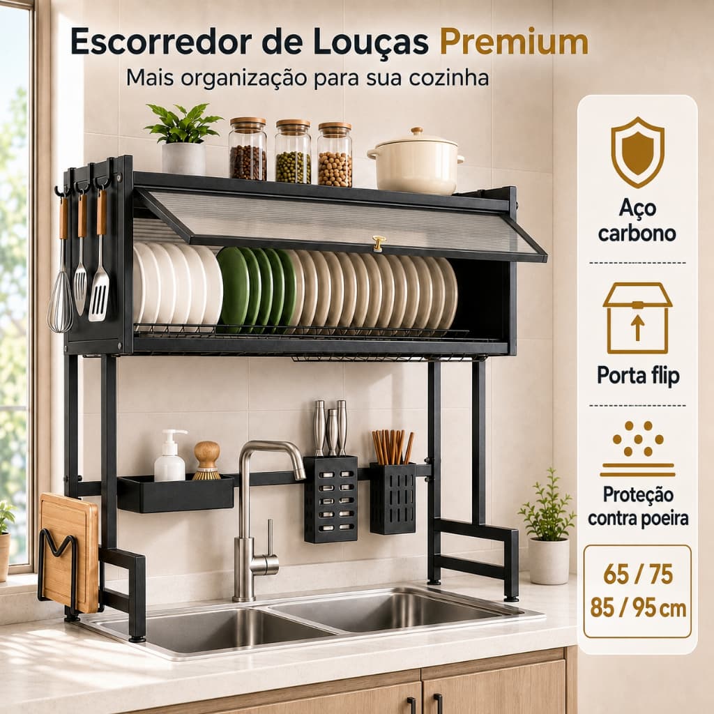 Escorredor de Louças Sobre Pia com Porta em Aço Carbono Organizador de Cozinha 65/75/85/95cm