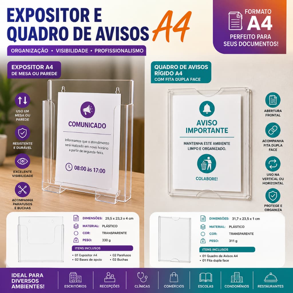 Porta Aviso A4 Transparente Expositor de Documentos Quadro de Avisos para Parede Mesa Escritório Comércio