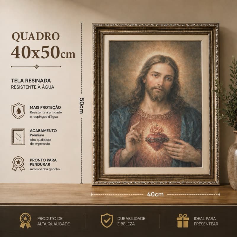 Quadro Jesus Sagrado Coração 40x50cm | Moldura Dourada Premium | Tela Resinada Religiosa | Decoração Católica