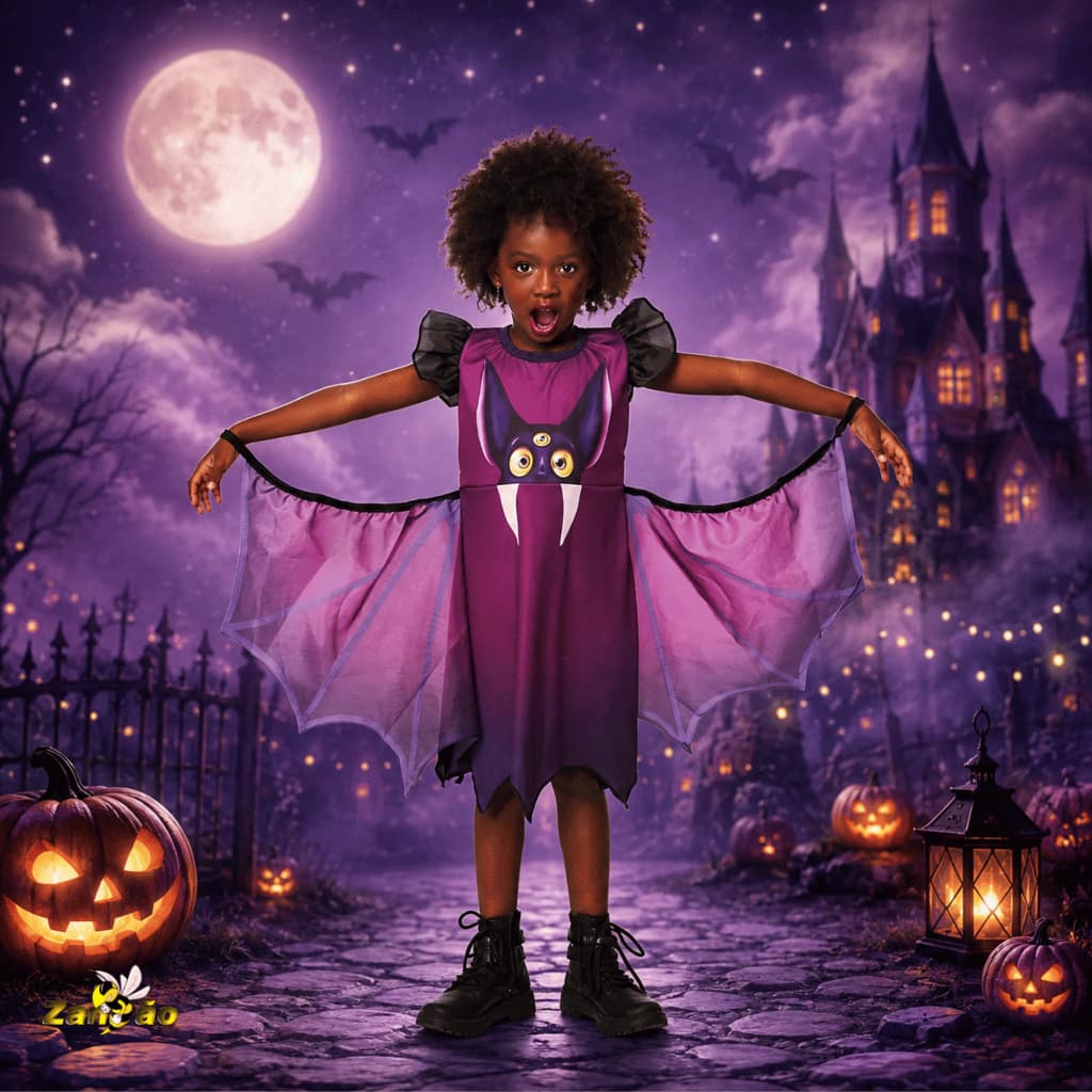 Fantasia Morcego Menina Vestido com Asa Infantil Halloween