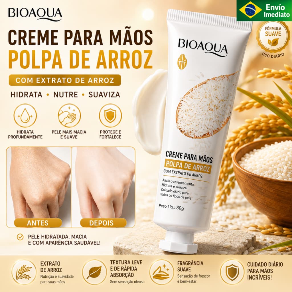 Creme para Mãos Hidratante Clareador Extrato de Arroz Maciez Pele Ressecada