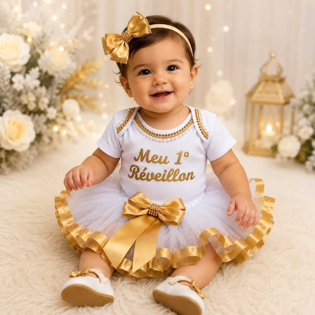 Conjunto Bebê Menina Meu 1º Réveillon Body + Saia Tutu Branco Dourado Ano Novo Festa