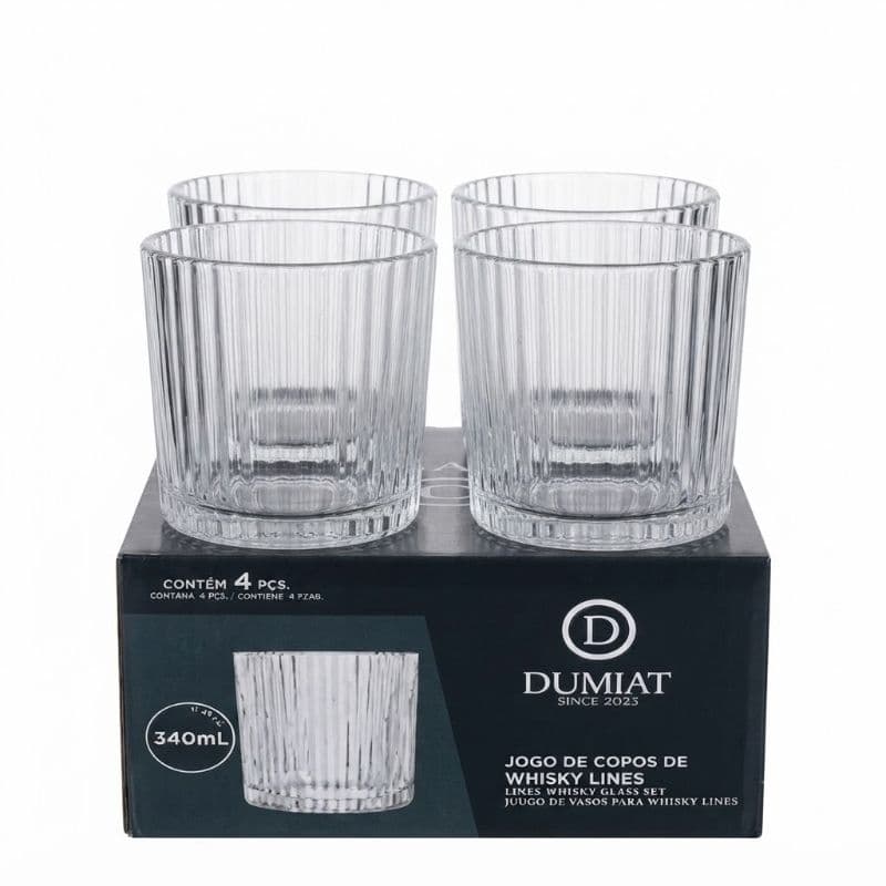 Jogo 4 Copos de Whisky Lines 340ml Vidro Canelado Dumiat