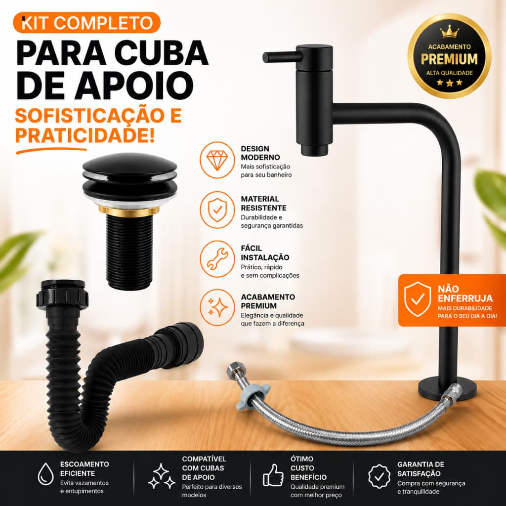 Kit Torneira Redonda Banheiro Preta 90° Preto Fosco Metal + Válvula Click + Sifão + Engate Lavatório Cuba