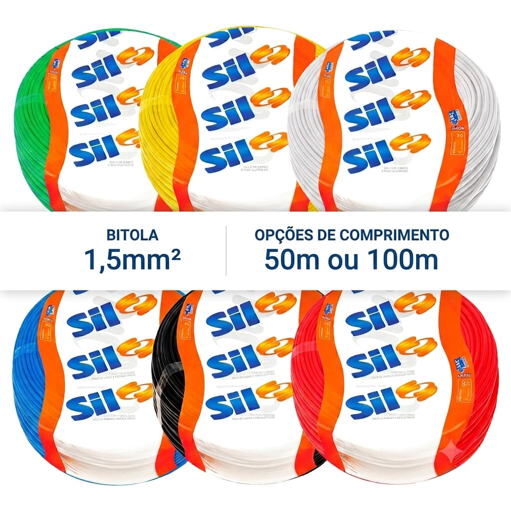 Fio Cabo Flexível Antichama SIL 1,5mm Rolo 50 ou 100 Metros 750v Todas as Cores - Original Sil
