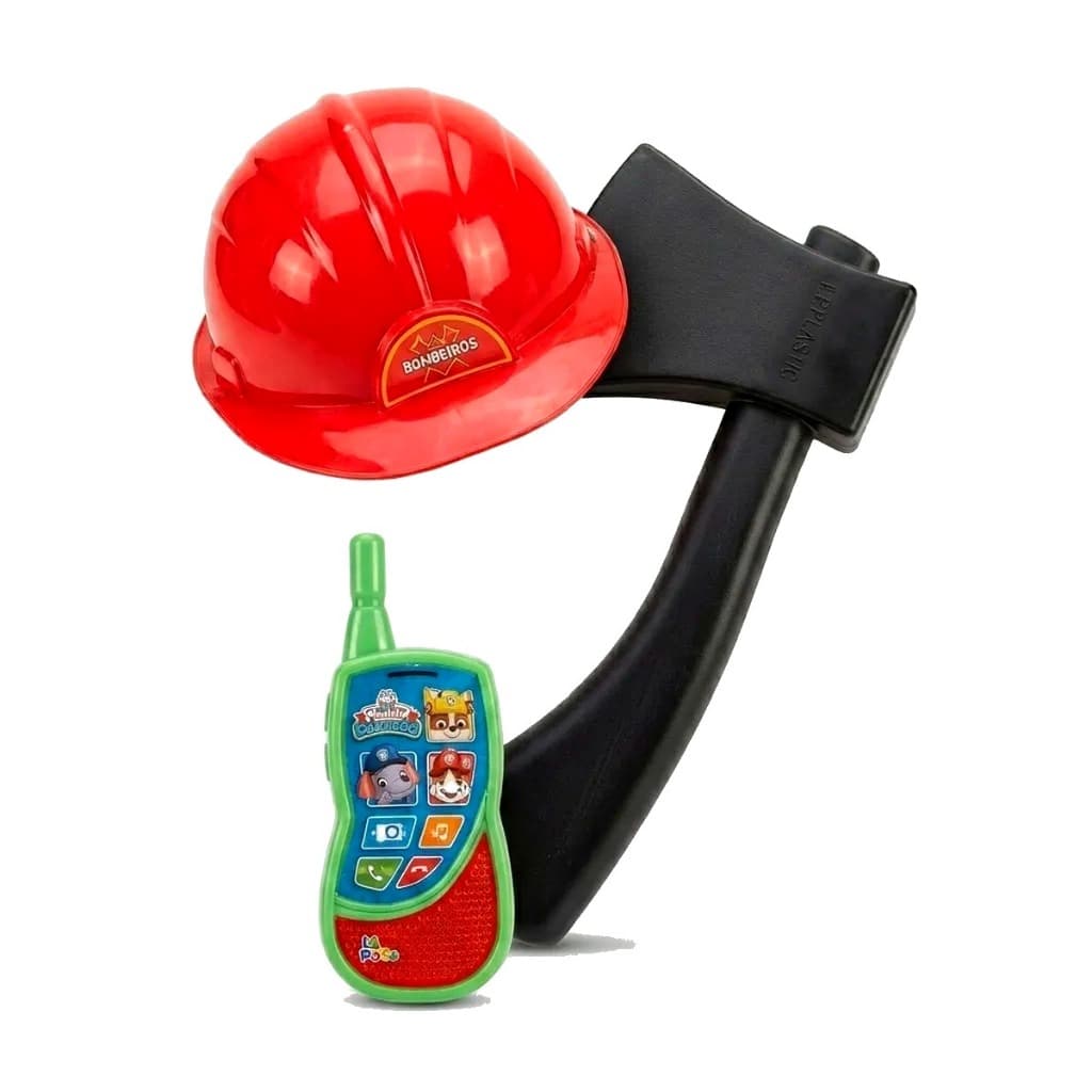 Kit Bombeiro Infantil Capacete + Machado + Celular Brinquedo Fantasia Profissão Faz de Conta Festa