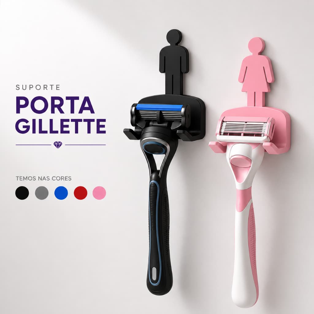 Suporte Gillette Parede Fita 3M Porta Barbeador Sem Furo Kit Organizador Banheiro Dele e Dela