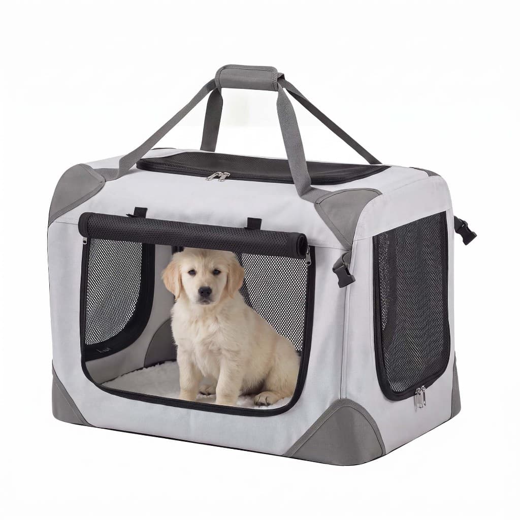 SONGMICS Caixa De Transporte Para Cães, Dobrável, Tecido Oxford, Respirável, Estrutura De Metal, Alças, Cinza Fumaça