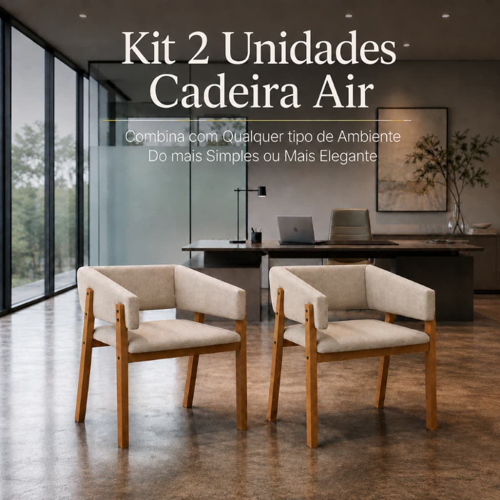 Kit 2 Cadeiras Air Estofadas com Braços Linho e Madeira Eucalipto