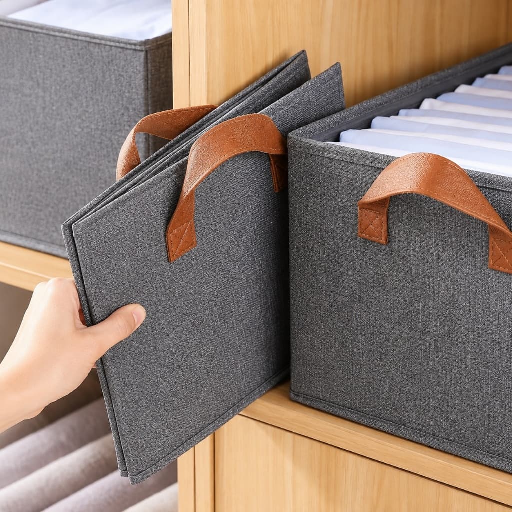 Organizador de Roupas Dobrável para Guarda Roupa com Alça de Couro e Divisórias 20x47x27 Cm