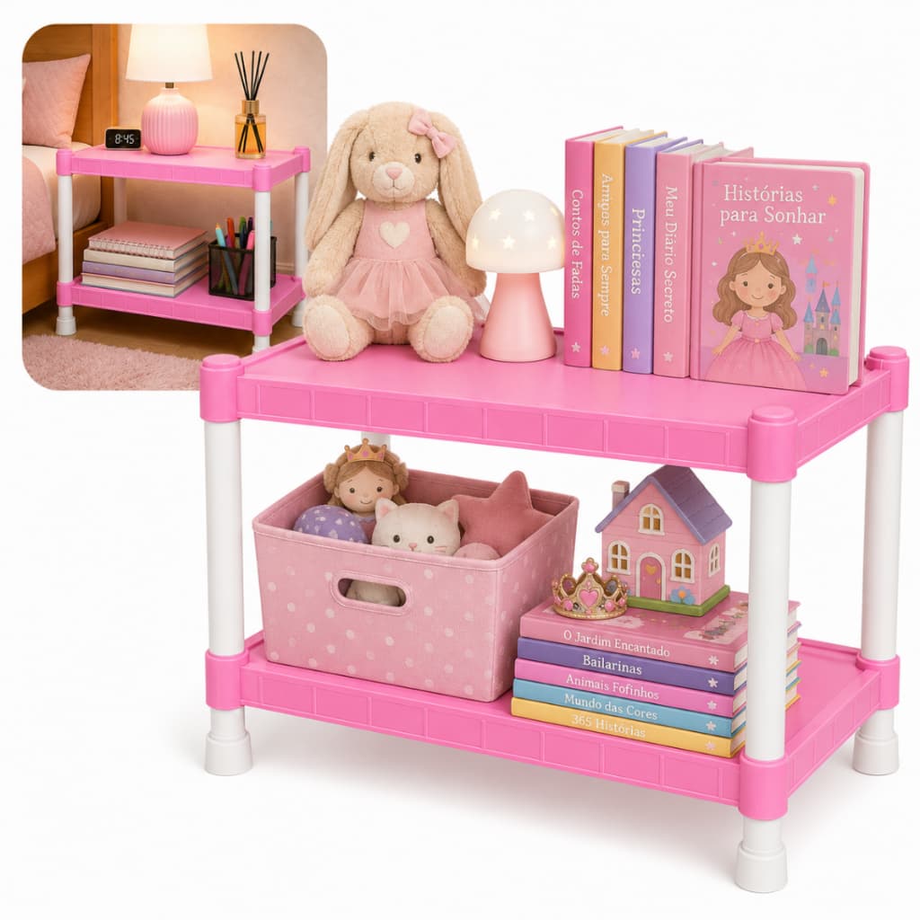 Prateleira Rosa Estante Infantil 2 Andares Plástico Modular Bebê Pequena Organizadora Multiuso