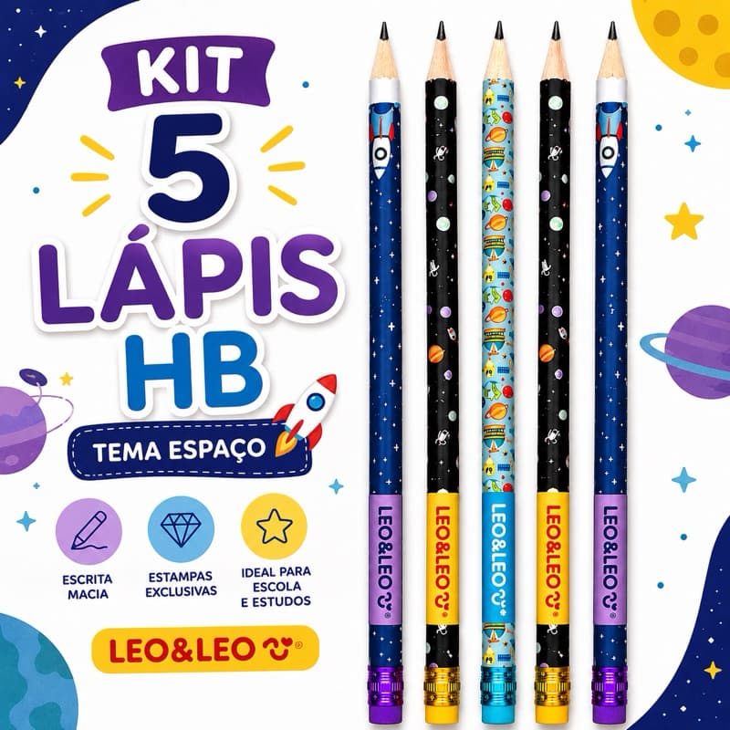 Kit 5 Lápis Grafite HB LEO&LEO Tema Espaço com Borracha Escolar