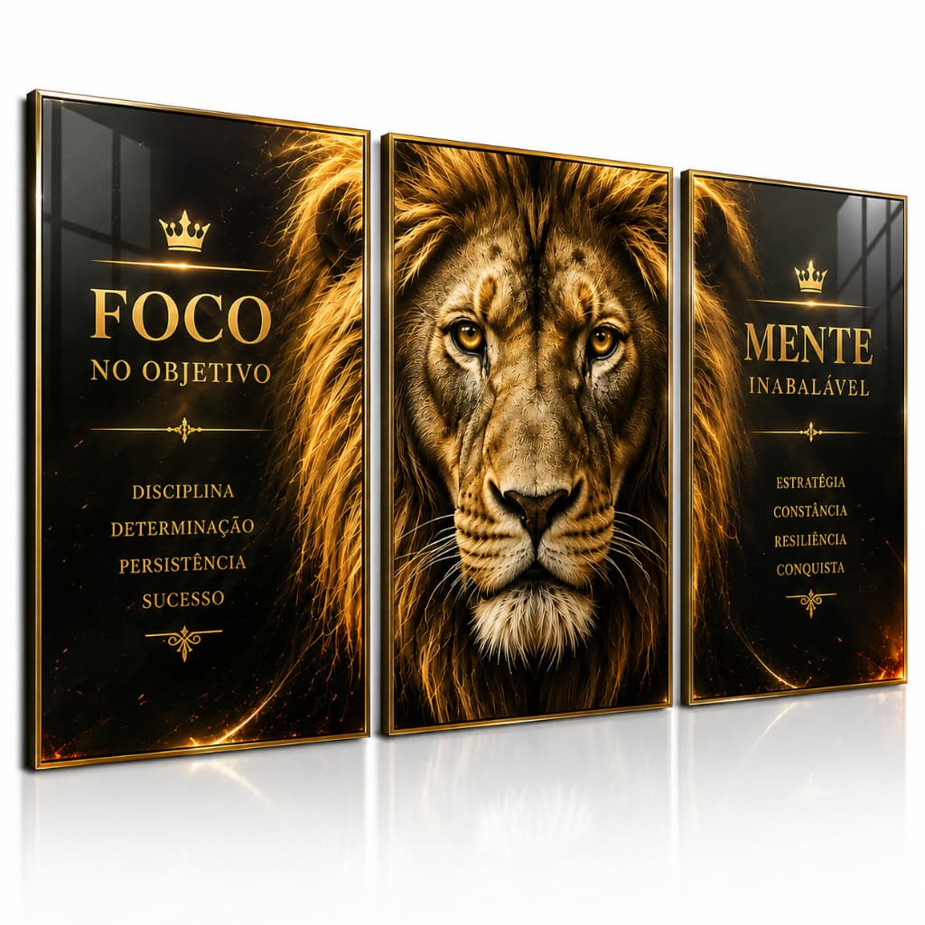 Kit 3 Quadros Decorativos Leão Motivacional Foco no Objetivo Mente Inabalável Escritório Sala