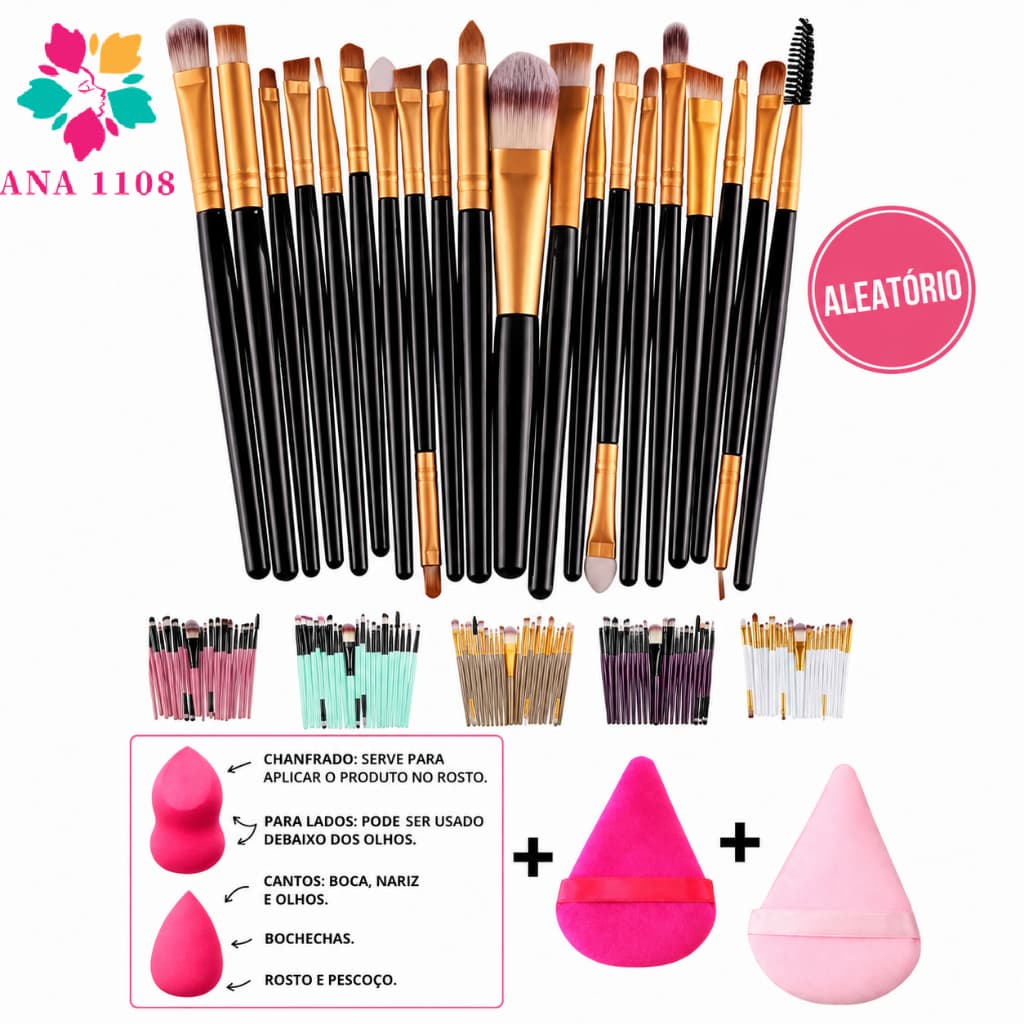 ANA1108 Kit 20 Pinceis Profissional  2 Esponjas + 2esponjade Pó diamante