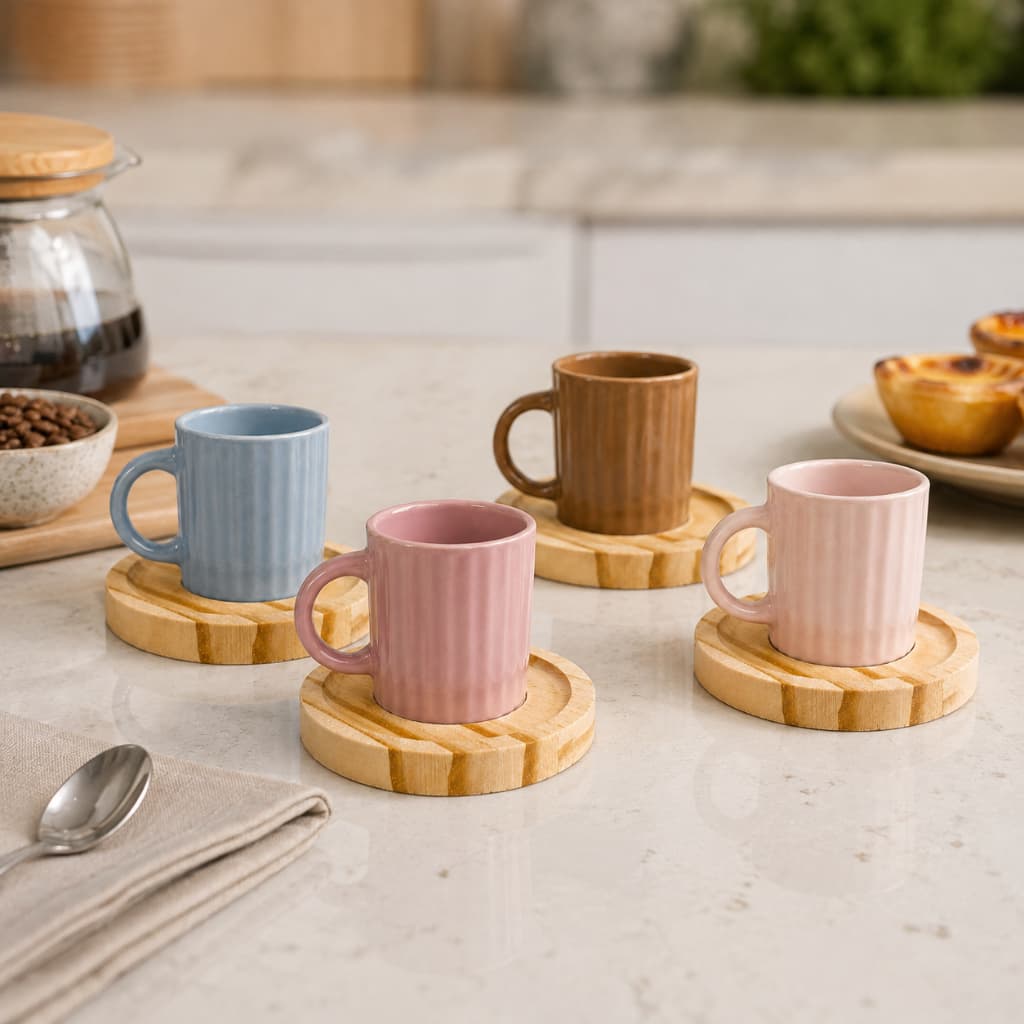 Jogo 4 Xícaras de Porcelana Stripes 90ml com Pires Pinus Sortidas Café Espresso Chá Cappuccino