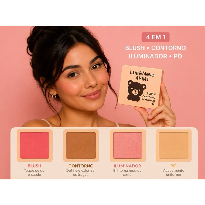 Mini Paleta de Bolsa Quarteto 4 em 1 Blush + Contorno + Iluminador + Pó Compacto + Espelho - Lua e Neve