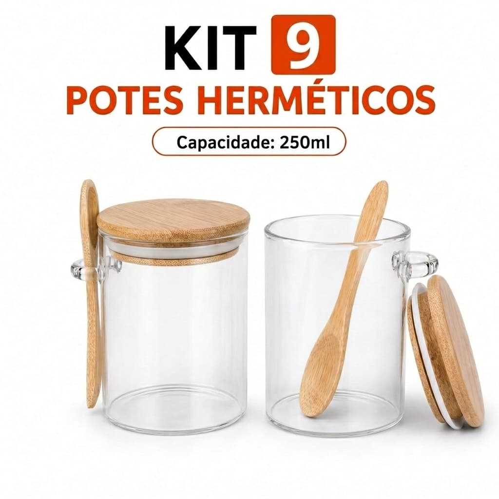 kit 9 Pote Vidro Hermético Potinho Com Tampa E Colher Bambu 250ml