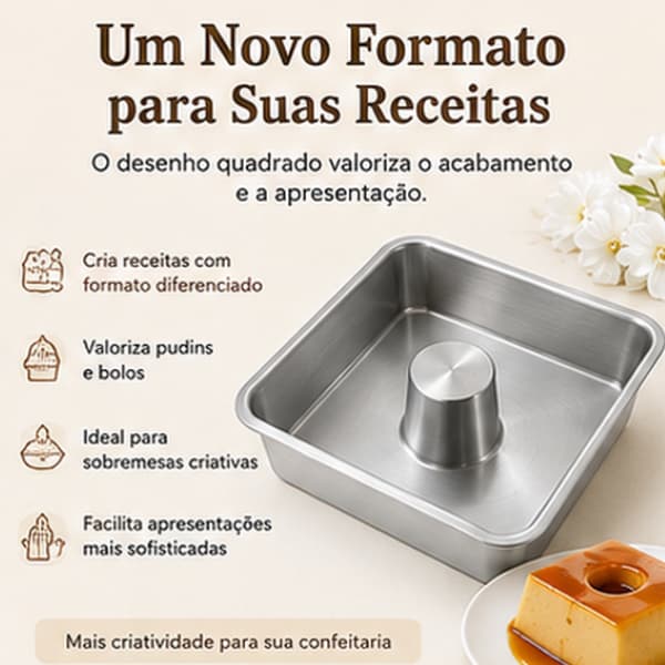Forma Suíça Quadrada Caparroz 20x20x7cm Alumínio para Pudim Bolo Sobremesas com Furo Central Assadeira Fácil Desenforme