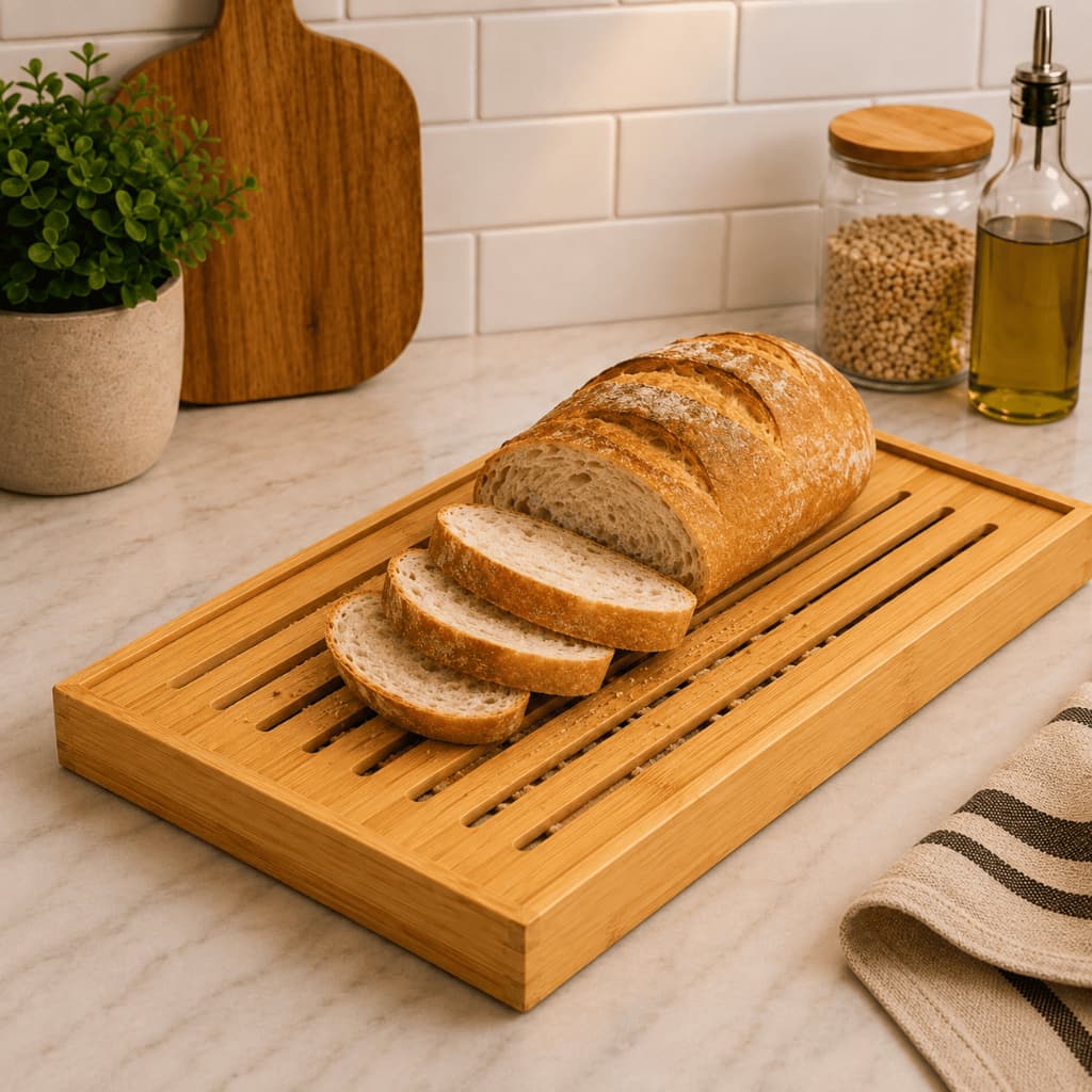 Tábua Migalheira para Pães em Bambu com Bandeja Coletora de Migalhas 37x22cm