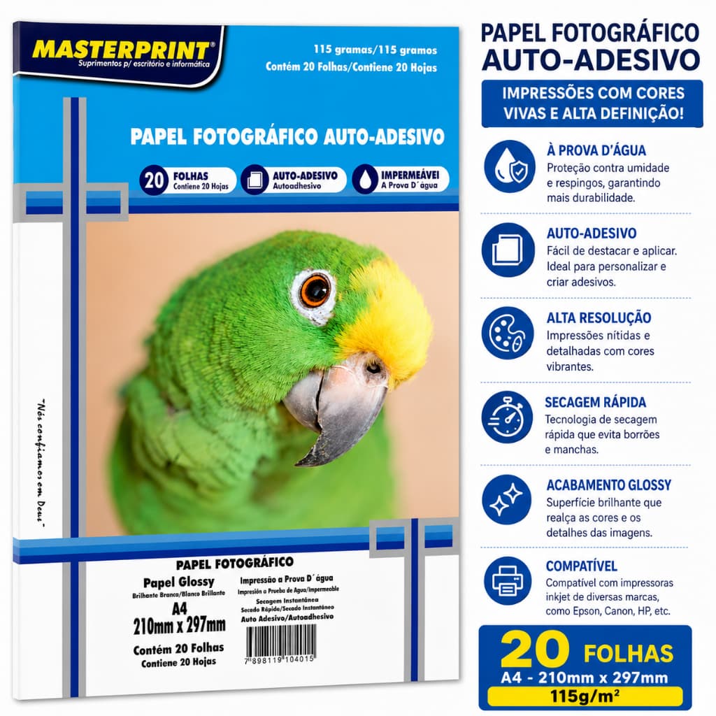 Papel Fotográfico A4 Adesivo 115G Masterprint 20 Folhas Premium