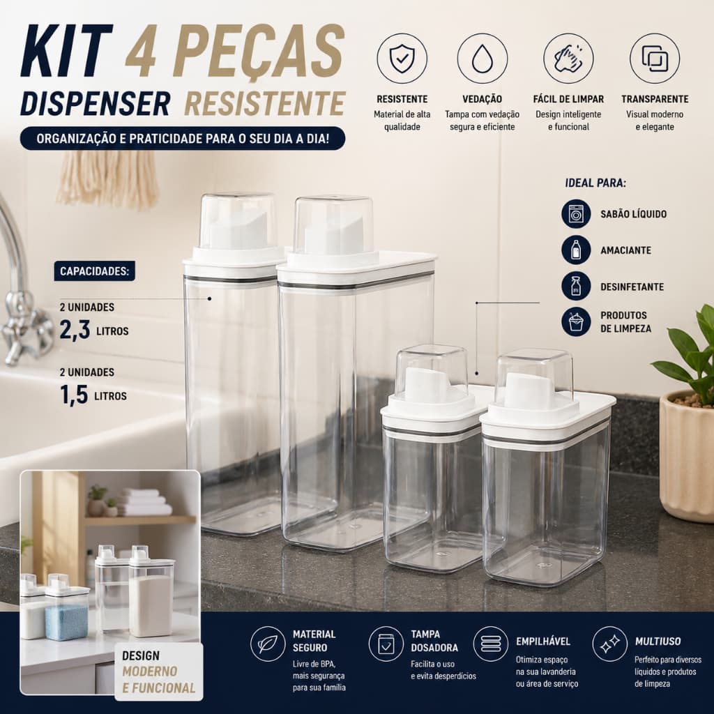 4 Peças Dispenser resistente1,5 E 2,3L Sabão Líquido Amaciante Desinfetante Limpeza Lavanderia