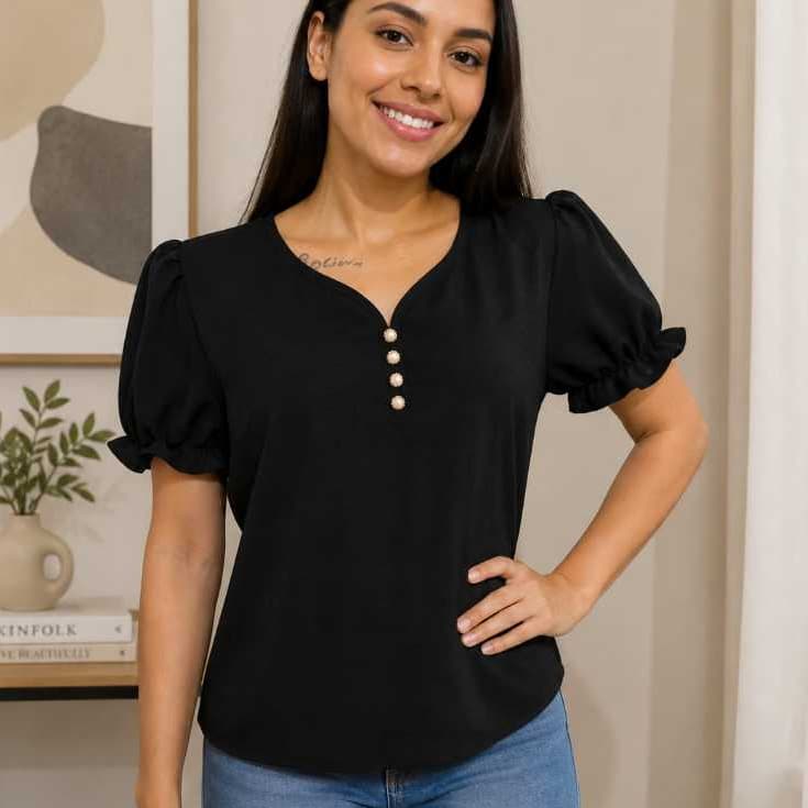 Blusa social com pérolas e manga bufante (liso )