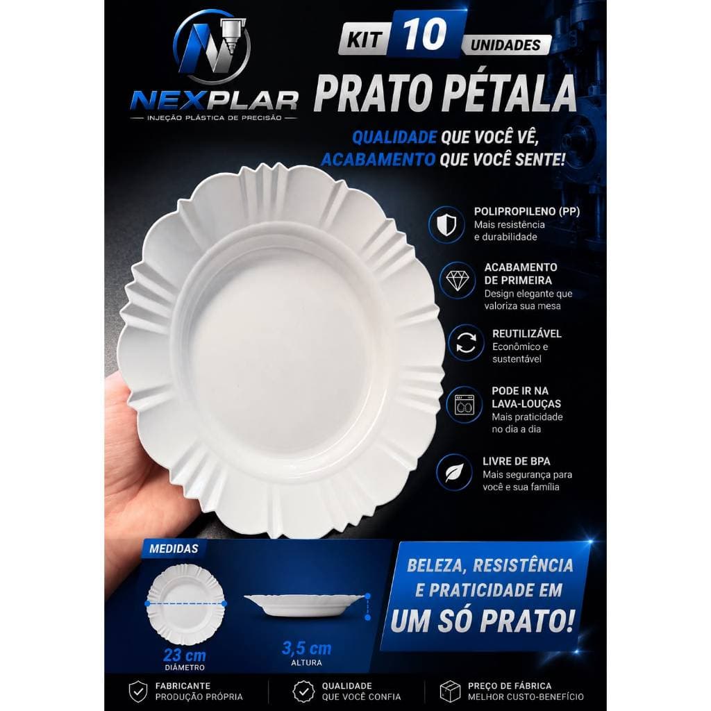 KIT 10 PRATOS PÉTALA PLÁSTICO BRANCO REUTILIZÁVEL PARA JANTAR CHURRASCO FESTAS BUFFET LANCHONETE PORÇÕES PETISCOS COMIDA