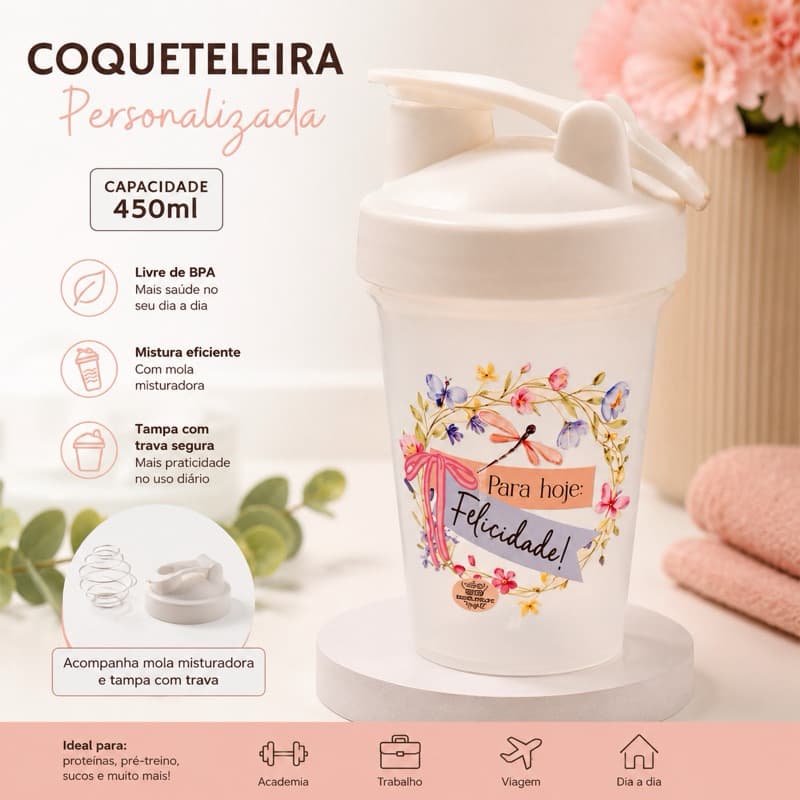 Coqueteleira Personalizada 450ml com Mola Misturadora Tampa com Trava Academia Fitness