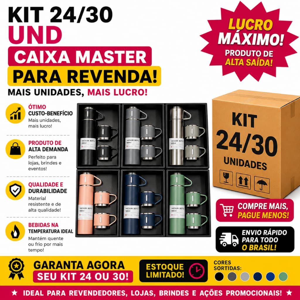 Kit 24 / 30 Conjunto Garrafa Térmica 3 Xícaras Café Atacado Revenda Trabalho Presente Ações Brindes