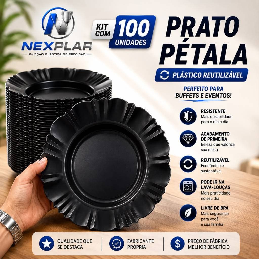 KIT 100 PRATOS PRETO PLÁSTICO REUTILIZÁVEL RESISTENTE PRÁTICO FUNDO PARA EVENTOS BUFFET JANTAR CASAMENTO ANIVERSÁRIOS CO
