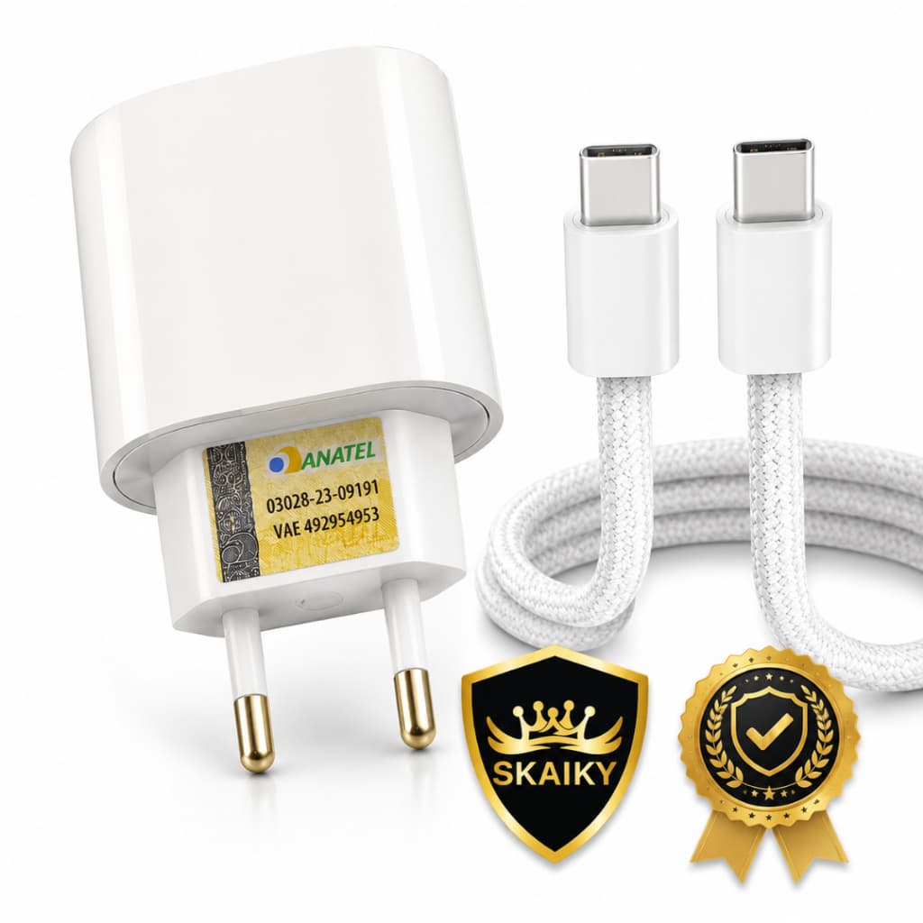 Carregador Turbo USB-C Branco Cabo e Fonte Celular Original Skaiky 20W Super Rápido Iphone Samsung Xiaomi