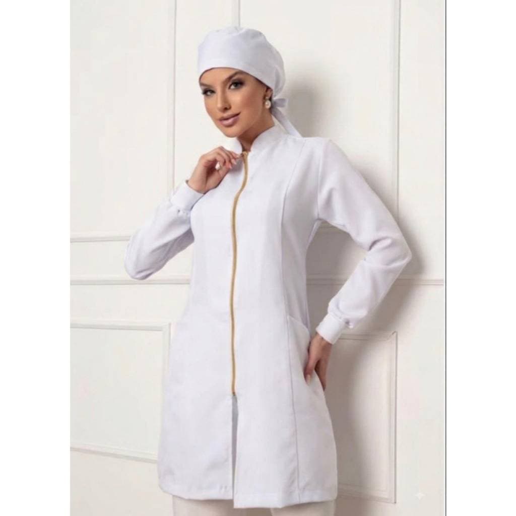Jaleco Feminino Nice Elia com Zíper + Gorro Branco