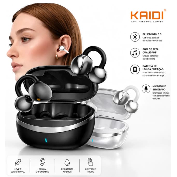 Fone De Ouvido Sem Fio Ows Kaidi Kd-741 Preto e Branco Estilo Brinco