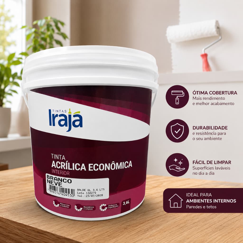 Tinta Acrílica Econômica Anti Mofo Irajá 3,6L Branco Neve Interior | Boa Cobertura e Fácil Aplicação