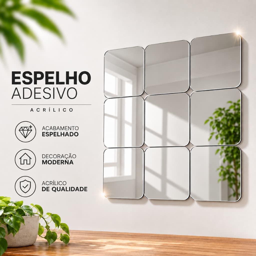 Kit Espelhos Adesivo Decorativo Acrílico 9/16/25/36 Parede Quadrado  9x9cm Sala Quarto Banheiro Hall