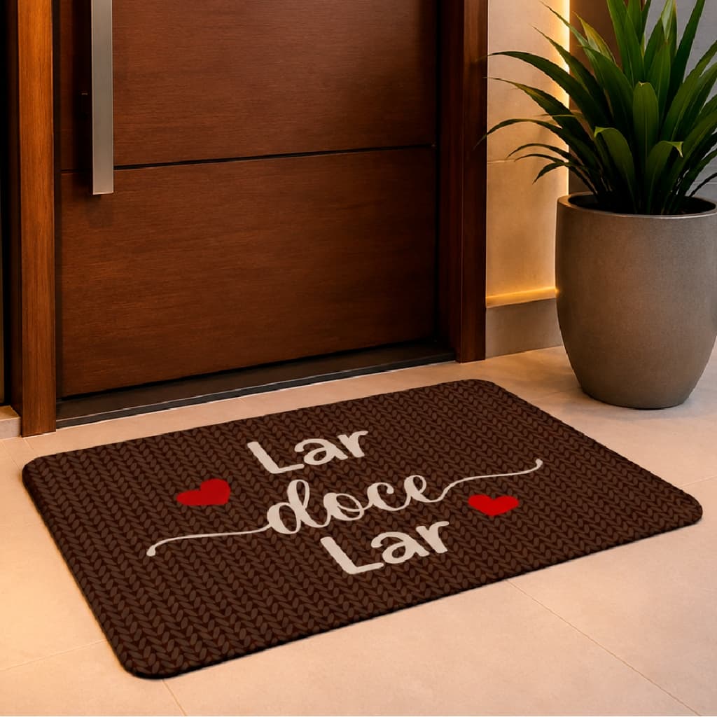 Tapete de Porta Entrada Decorativo 60X34 cm Lar Doce Lar Emborrachado Antiderrapante.