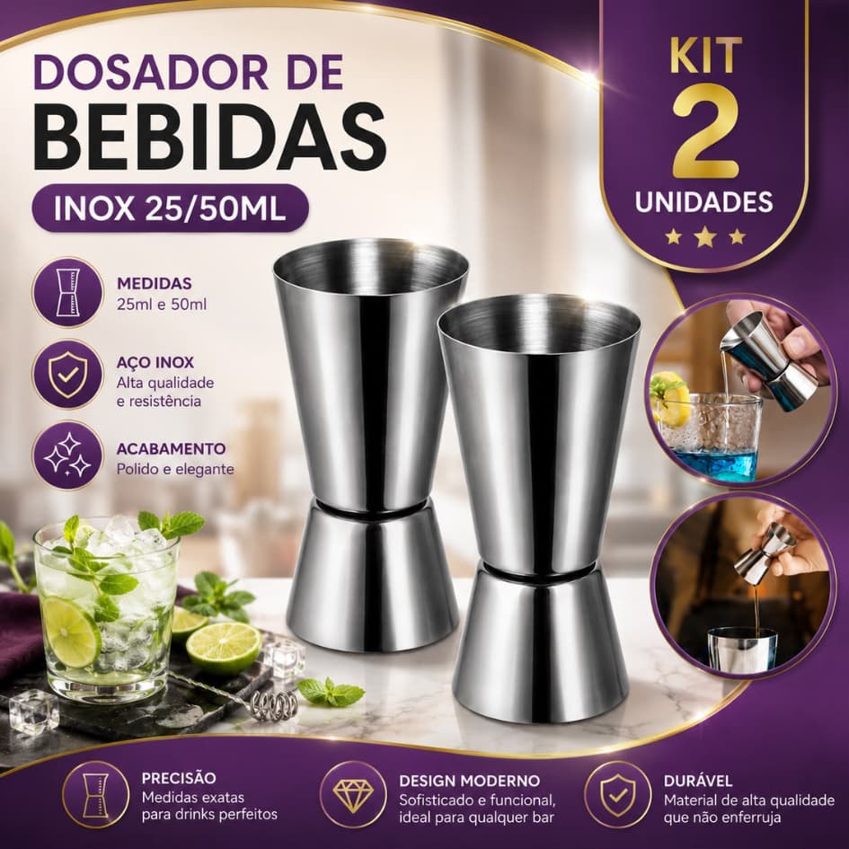 KIT 1 2 3 Medidor Dosador Duplo 25/50ml de Bebidas em Aço Inox Jigger Drinks Coquetéis Bartender Bar