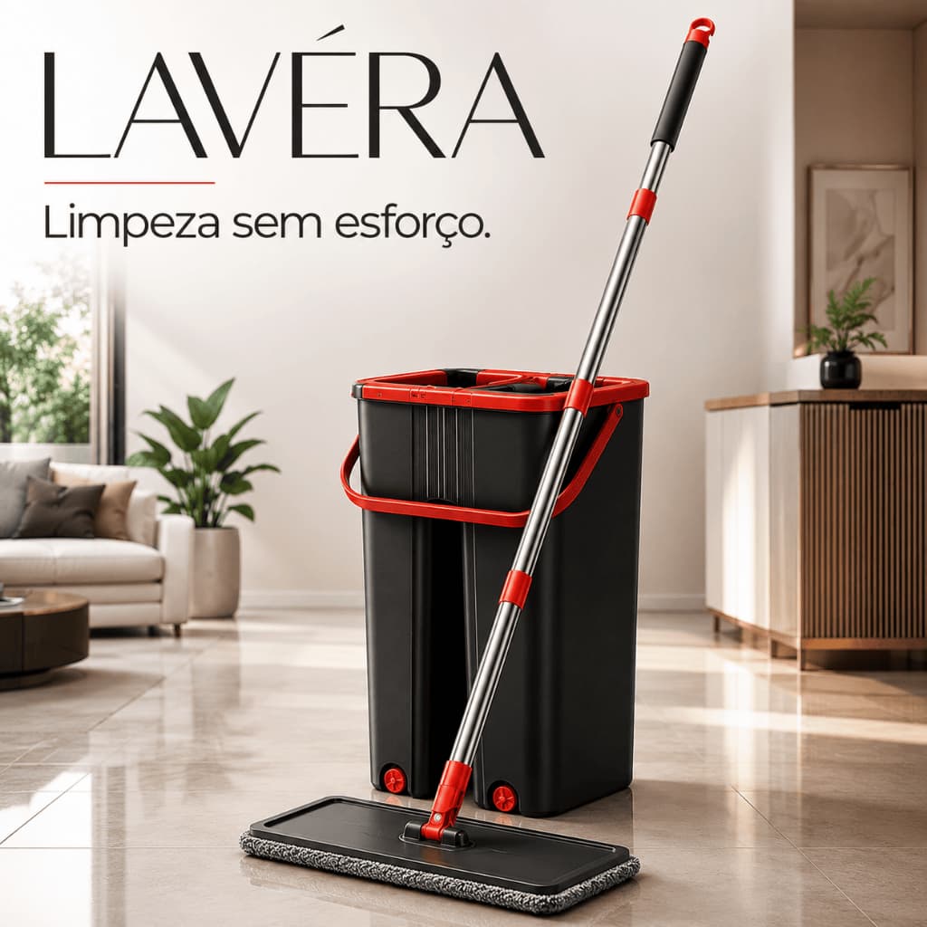 Mop Lava e Seca com Balde LAVÉRA 5L Rodo Giratório Flat Mop Microfibra Reutilizável
